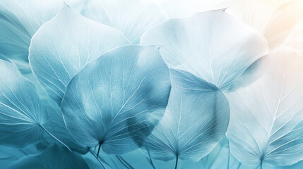Nature abstract of delicate leaves, pale blue translucent leaves with texture natural daylight bokeh background with copy space veins of leaf, botanical design softness delicate dreamy