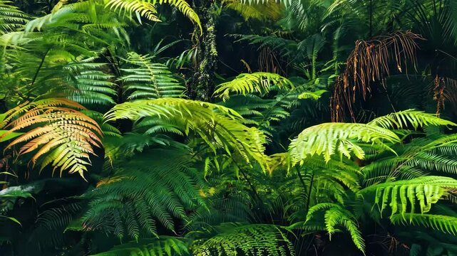 Explore the lush vegetation of New Zealand's native rainforest with vibrant ferns and dense greenery, Tropical nature of New Zealand native rainforest Ferns in evergreen woods