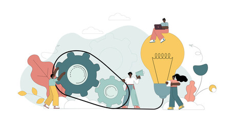 Teamwork concept. People rotate gears, cogwheels for light bulb operation, ideas. Workflow management. Search for new ideas