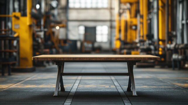 A striking wooden table stands alone in a spacious industrial workshop, surrounded by vibrant machinery and a well-organized workspace, capturing the essence of modern craftsmanship. - Powered by Adobe