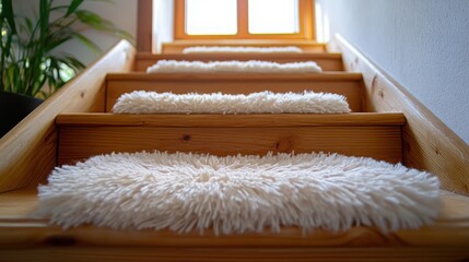 Warm and inviting wooden staircase with a fluffy rug at home, creating a cozy atmosphere and enhancing interior design