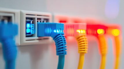 This image showcases colorful Ethernet cables connecting to various networking ports, highlighting technology and communication infrastructure essential for data transfer.