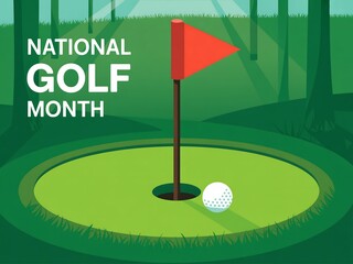 Golf ball near hole with red flag for national golf month in green forest background