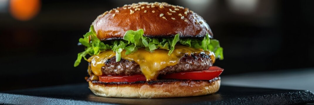 Delicious gourmet burger with melted cheese and fresh ingredients, ready to eat