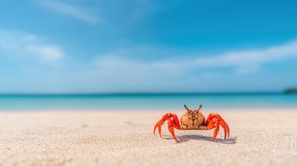 summer concept. A crab on a sandy beach with a clear blue sky and ocean backdrop.