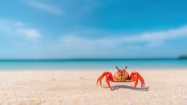 summer concept. A crab on a sandy beach with a clear blue sky and ocean backdrop.