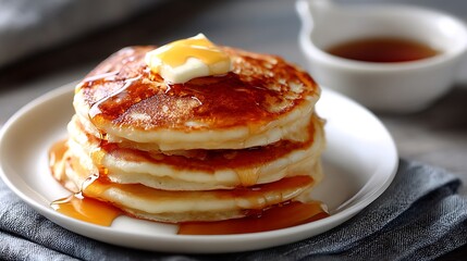 Stack of Fluffy Pancakes Topped with Butter and Syrup