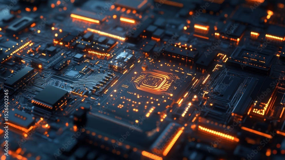 Poster a stunning close-up of a high-tech circuit board showcasing glowing elements and intricate details, 