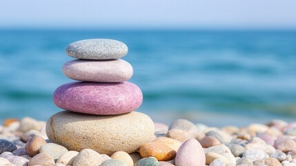 summer concept. Stacked stones on a beach with a serene ocean backdrop.