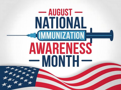 August national immunization awareness month with syringe and american flag graphic design