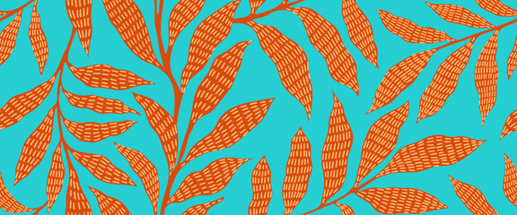Abstract art vintage colors tropical line art leaves seamles background vector. Wallpaper design with leaves shapes and scribble doodle linear leaf. vintage botanical floral seamless pattern