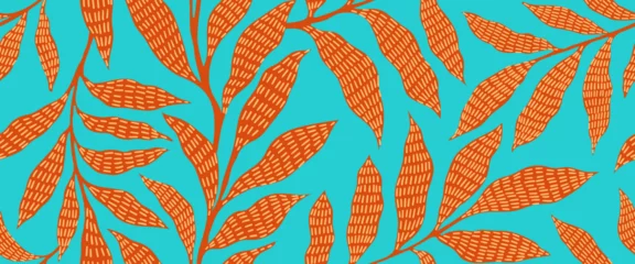 Abstract art vintage colors tropical line art leaves seamles background vector. Wallpaper design with leaves shapes and scribble doodle linear leaf. vintage botanical floral seamless pattern