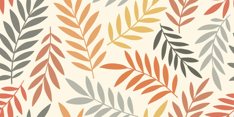Abstract art vintage colors tropical line art leaves seamles background vector. Wallpaper design with leaves shapes and scribble doodle linear leaf. vintage botanical floral seamless pattern