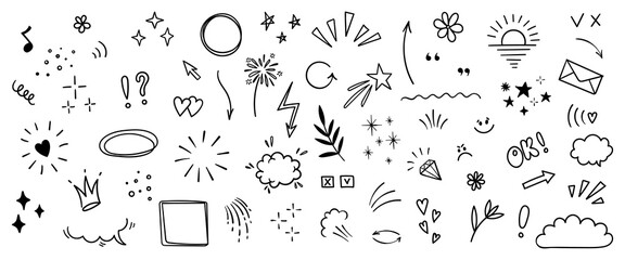 Hand drawn doodle design elements, black on white background. Swishes, swoops, emphasis, Arrow, crown, brush stroke. doodle sketch design elements