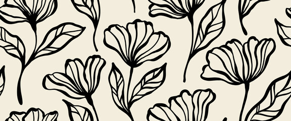 Leaves branch and Hand Drawn doodle Scribble floral plants banner. seamless pattern. Creative minimalist Abstract art background. Design wall decoration, postcard, poster or brochure