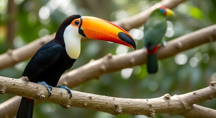 Naklejka premium Striking Toco Toucan Perched on Branch in Lush Tropical Rainforest