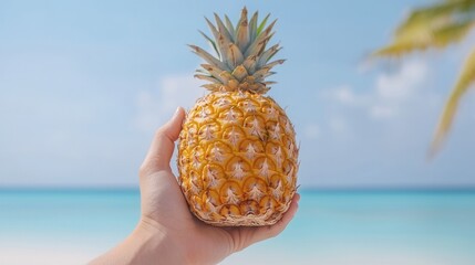 summer concept. Fresh pineapple held against a tropical beach backdrop.