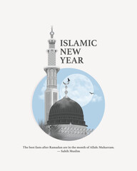 Islamic New Year Muharram Illustration featuring a mosque, minaret and full moon. Also known as Hijri New Year, it marks the start of the Islamic lunar calendar. Perfect for Muslim holiday posters.
