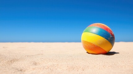summer concept. Colorful beach ball resting on sandy shore under a clear blue sky.