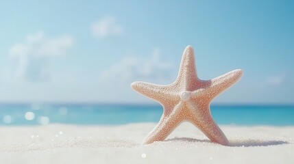 summer concept. Starfish on sandy beach with ocean in the background.
