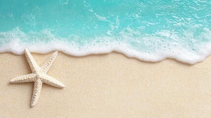 summer concept. Beach scene with a starfish and turquoise water at the shoreline.