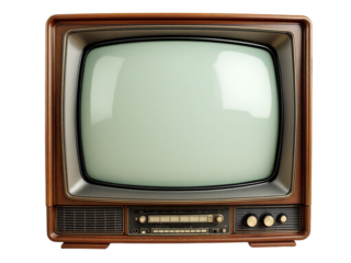 Vintage television set with a wooden frame and a blank screen against a black background space