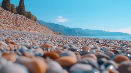 summer concept. Scenic rocky beach with smooth pebbles and distant mountains.