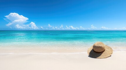 summer concept. Serene beach scene with a straw hat and turquoise ocean waves.