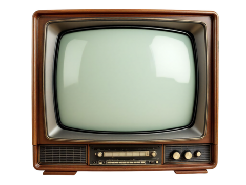Vintage television set with a wooden frame and a blank screen against a black background space