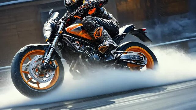 Rider performs wheelie on motorcycle in dynamic urban environment, Riding a motorcycle on the back wheel