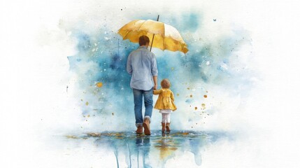Father And Daughter Walking In Rain Under Yellow Umbrella Watercolor Painting