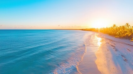 summer concept. Serene beach at sunset with palm trees and calm ocean waves.