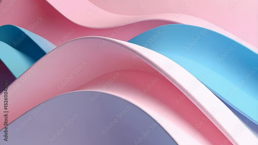 Poster pastel colored wave shapes flow in light and shadow, creating an abstract background of soft pink, b