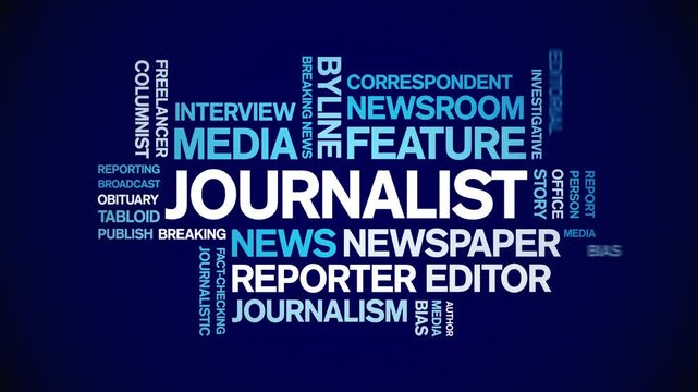 Journalist animated word cloud;text design animation tag kinetic typography seamless loop.
