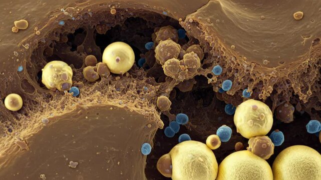 Detailed Microscopic View of Brown and Blue Cells with Gold Spheres