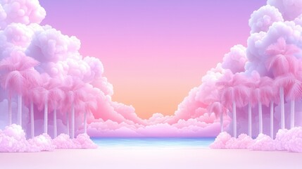summer concept. Dreamy pastel landscape with clouds and a tranquil ocean view.