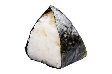 Japanese onigiri rice ball wrapped in nori seaweed, isolated on white transparent background, showcasing traditional Asian cuisine concept