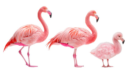 Fototapeta premium summer concept. Three flamingos in various poses and stages of maturity. isolated on white background
