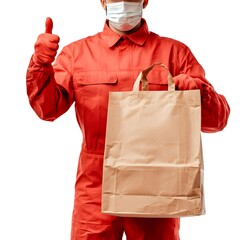Photo of a delivery person wearing a red uniform, mask, and gloves, holding a food delivery bag
