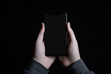 A person holding a smartphone with a blank black screen against a dark background a perfect mockup for app presentations or technology designs