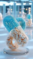Futuristic Blue and White Transparent Pill Capsule Filled with Data
