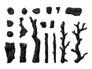 Arrangement of dark textured rocks and branches on a black background in a grid like pattern