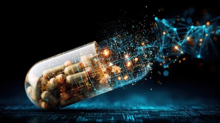 Glowing Capsule with Digital Particles and Network Connections