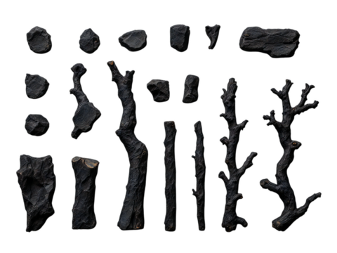 Arrangement of dark textured rocks and branches on a black background in a grid like pattern