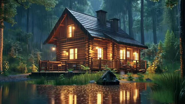 Cabin in the woods illuminated by warm light during a rainstorm at dusk, cabin in the woods at nightfall during heavy rainfall still shot of