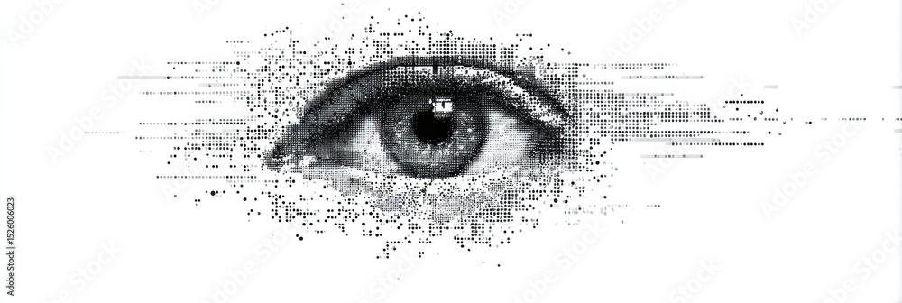 Fototapete Eye Icon Made of Pixels Dissolving Into Clean Digital Space Above a Minimalistic Background