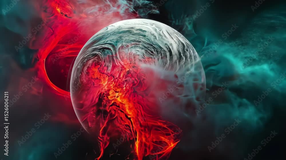 Poster vivid red clouds envelop an abstract planet in a cosmic display of swirling colors, abstract planet 