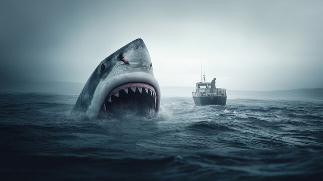 shark attack with open mouth in the sea near the side of a boat.boat with a shark lurking by around the boat