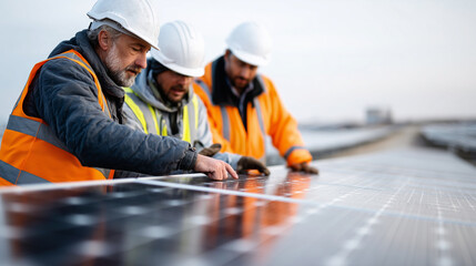 Team of engineers inspecting solar panels in open field, vibrant lighting