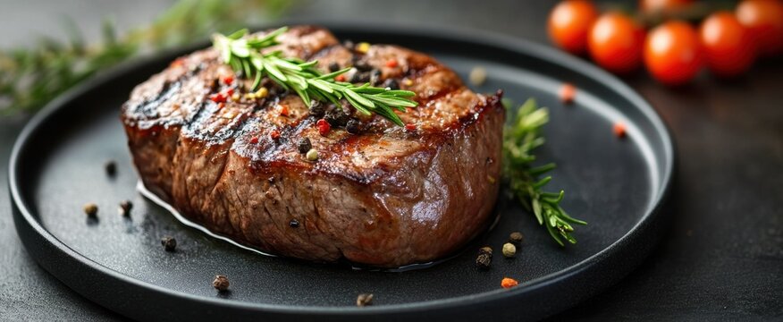 A beautifully grilled steak garnished with fresh herbs and spices, presented on a sleek black plate. This delicious dish exudes savory aromas perfect for culinary enthusiasts. - Powered by Adobe